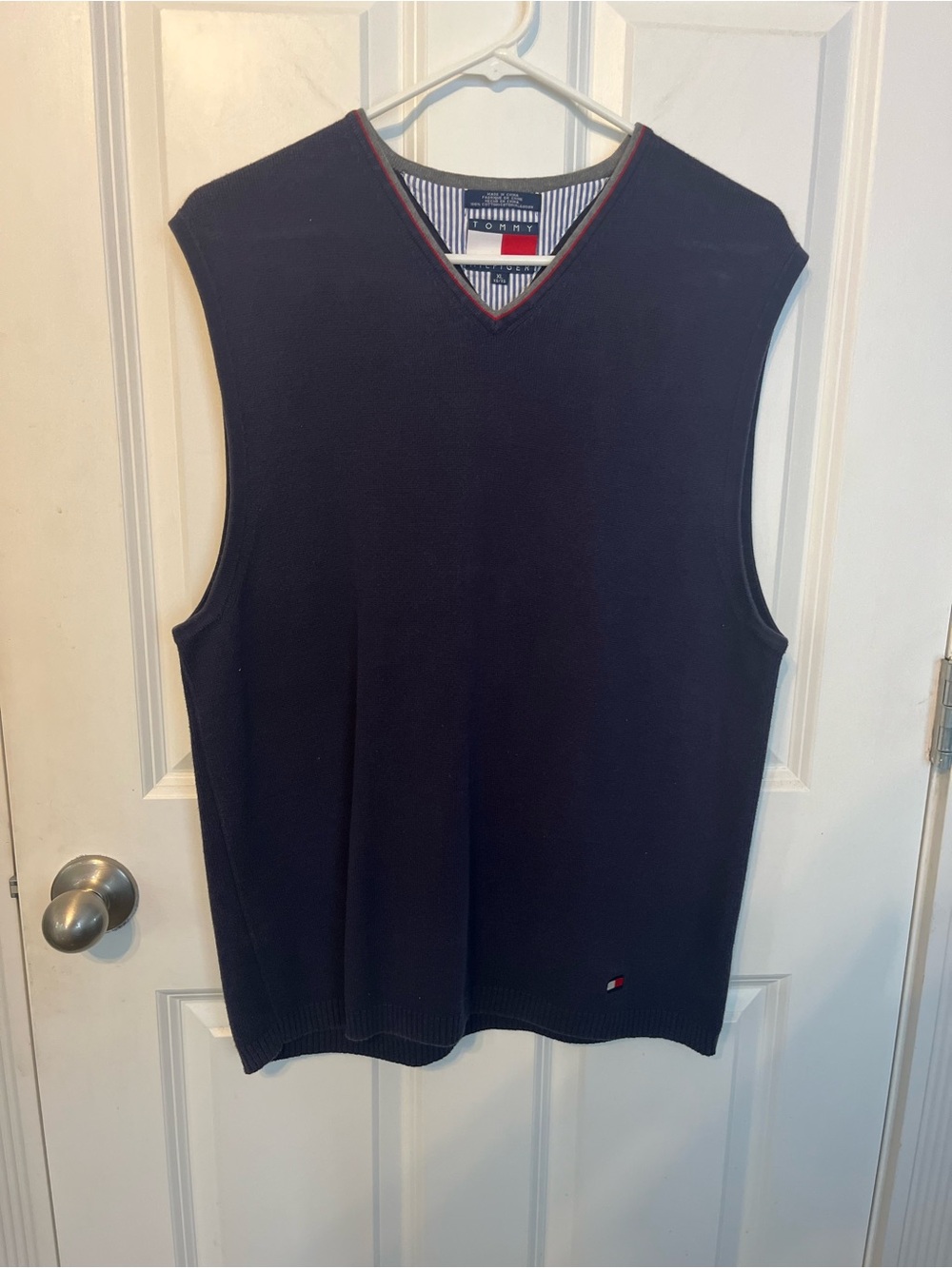 Tommy Hilfiger Men's Navy V-Neck Sweater Vest with Red Trim